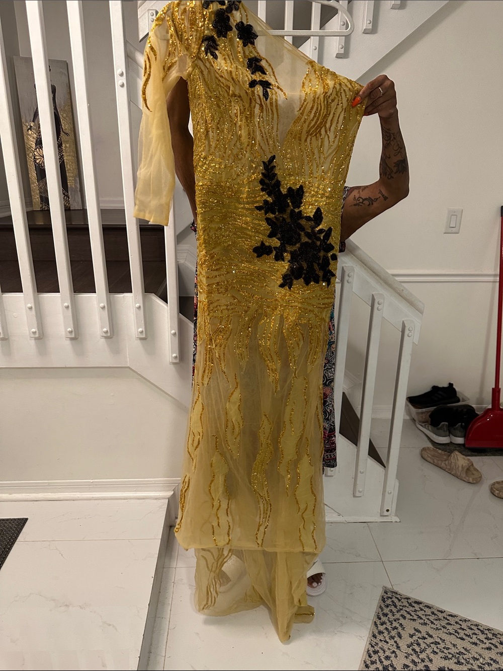 Source Unknown Gold Sequin Maxi Dress with Black Floral Appliqué